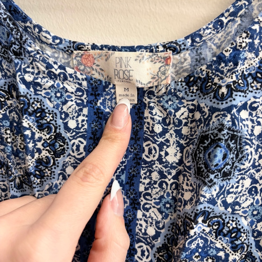 Pink Rose Blue and White Patterned Mini Dress - Picture 2 of 4